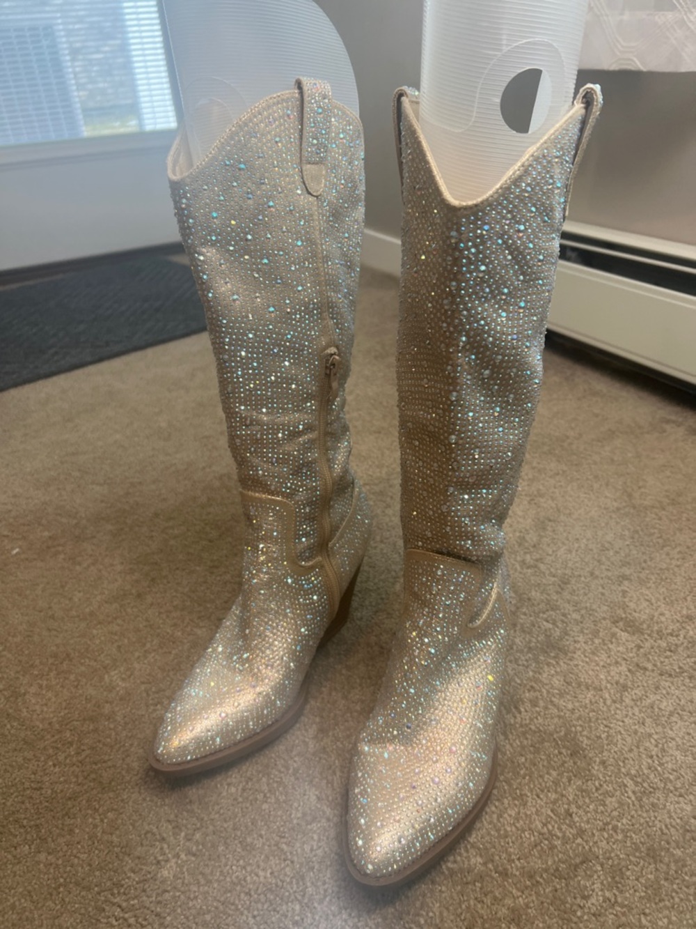 Crystal-Embellished Tall Western Boots - Ivory Glitter